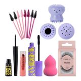 Kit De Maquiagem Completo Com Batom Rímel Esponja Facial