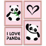 Kit 4 Quadros Decorativos I Love Panda Moldura Rosa Claro