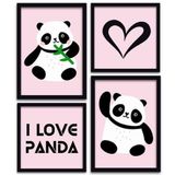 Kit 4 Quadros Decorativos I Love Panda Titulos Moldura Preta