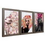 Kit 3 Quadros Decorativos 20x30 Mulheres Rosto Flores Rosas Titulo Moldura Madeira