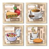 Quadro Decorativo Cozinha Café Manhã Padaria 20x20cm Kit 4un Titulo Moldura Carvalho