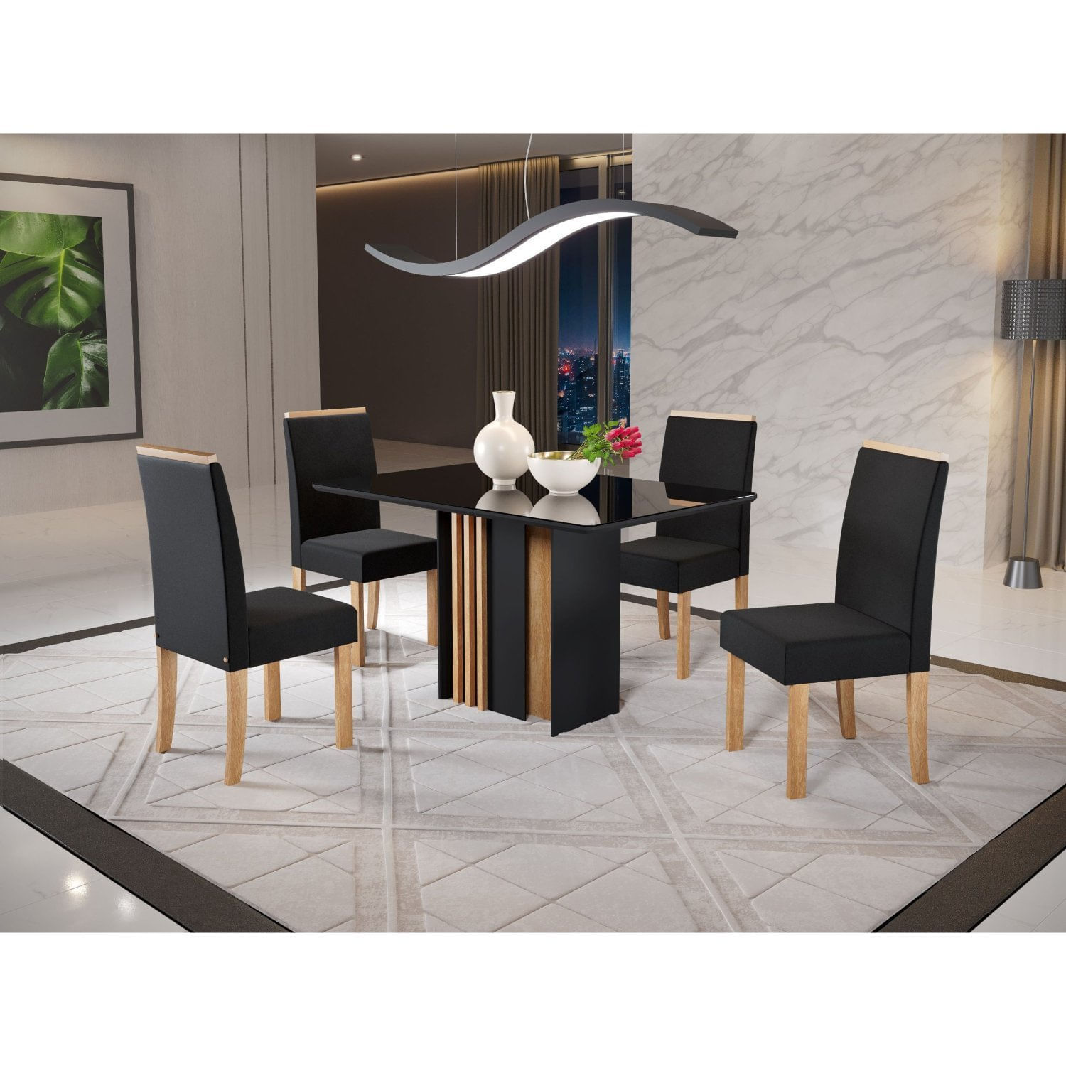 Conjunto Sala De Jantar Mesa Lara Tampo Vidro Com 4 Cadeiras Styllo Sonetto Móveis Mel/preto