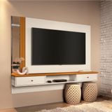 Painel Home Para Tv Até 55&quot; Ripado Com Espelho E 2 Gavetas Suiça 160cm Offwhite/cedro