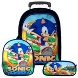 Mochila Escolar Sonic Jogo Rodinha Kit Lancheira+estojo