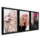 Quadros Decorativos 20x30 Mulheres Rosto Flores Rosas Kit 3 Título Moldura Preta