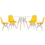 Mesa Redonda Eames 100 Cm Branco + 4 Cadeiras Estofadas Eiffel Botonê Amarelo Amarelo