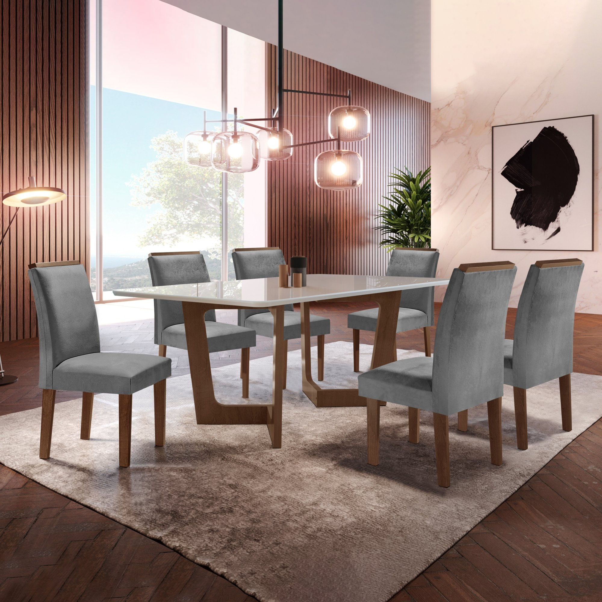 Conjunto Sala De Jantar Nápoles Tampo Vidro/mdf Com 6 Cadeiras Luísa Smart Plus Cel Móveis Chocolate/off White/cinza