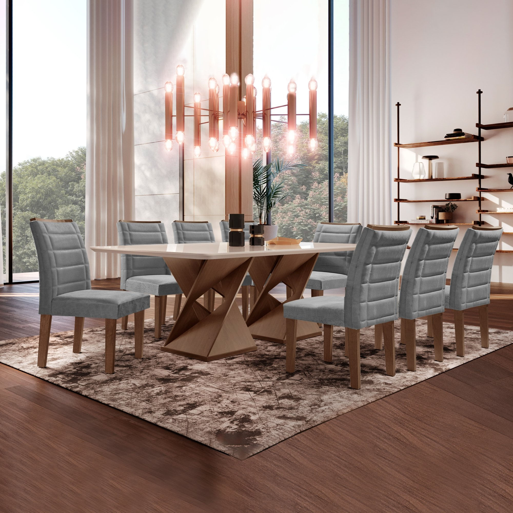 Conjunto Sala De Jantar Genova Tampo Vidro/mdf Com 8 Cadeiras Genova Smart Plus Cel Móveis Chocolate/off White/cinza