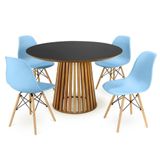 Conjunto Mesa De Jantar Redonda Luana Amadeirada Preta 120cm Com 4 Cadeiras Eames Eiffel Azul Claro