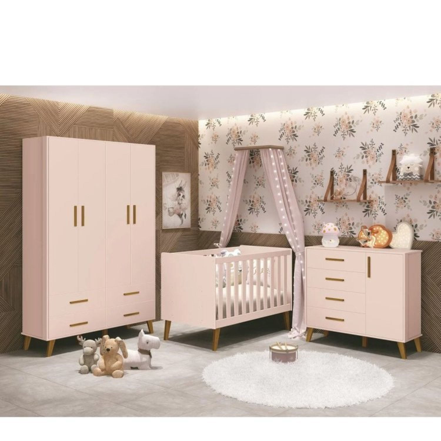 Quarto Para Bebê Completo Berço Retrô Com Cômoda E Guarda Roupa 4 Portas Ayla Móveis Reller Rosa