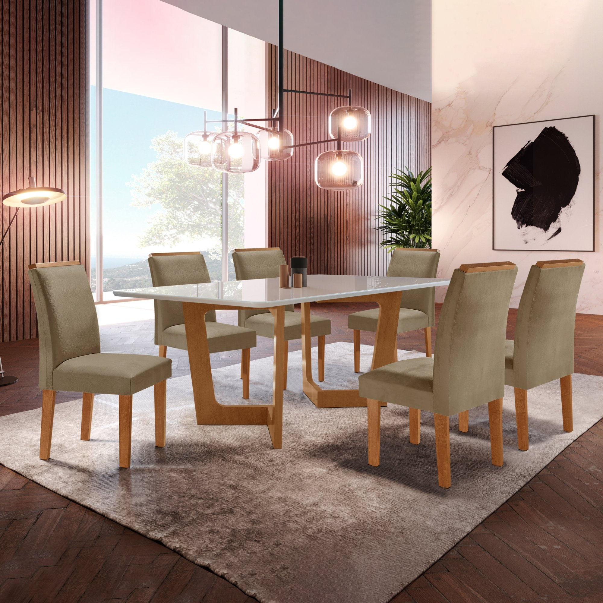 Conjunto Sala De Jantar Nápoles Tampo Vidro/mdf Com 6 Cadeiras Luísa Smart Plus Cel Móveis Cinamomo/off White/marrom Claro