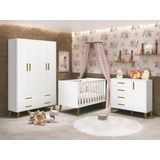 Quarto Para Bebê Completo Berço Retrô Com Cômoda E Guarda Roupa 4 Portas Ayla Móveis Reller Branco