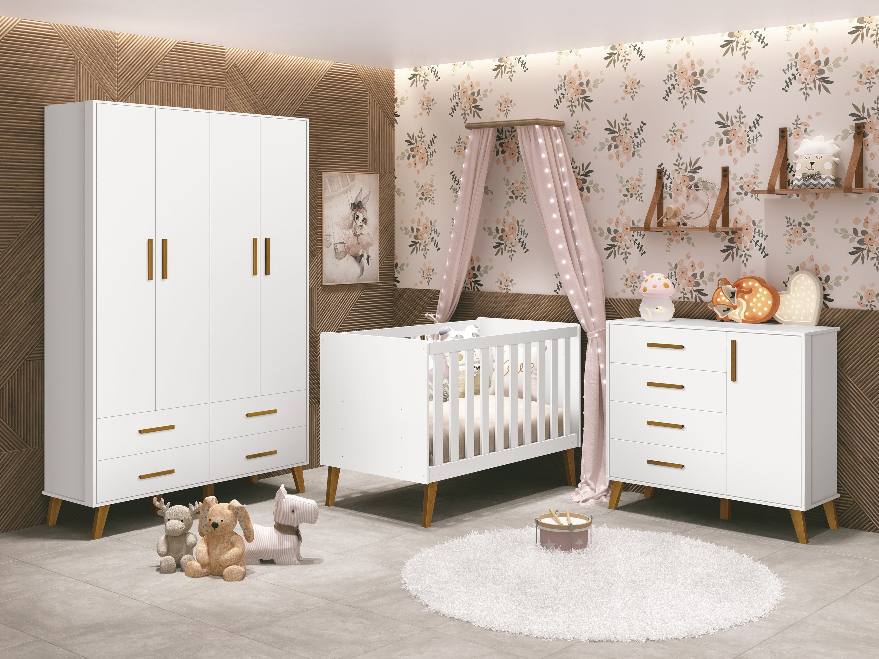 Quarto Para Bebê Completo Berço Retrô Com Cômoda E Guarda Roupa 4 Portas Ayla Móveis Reller Branco