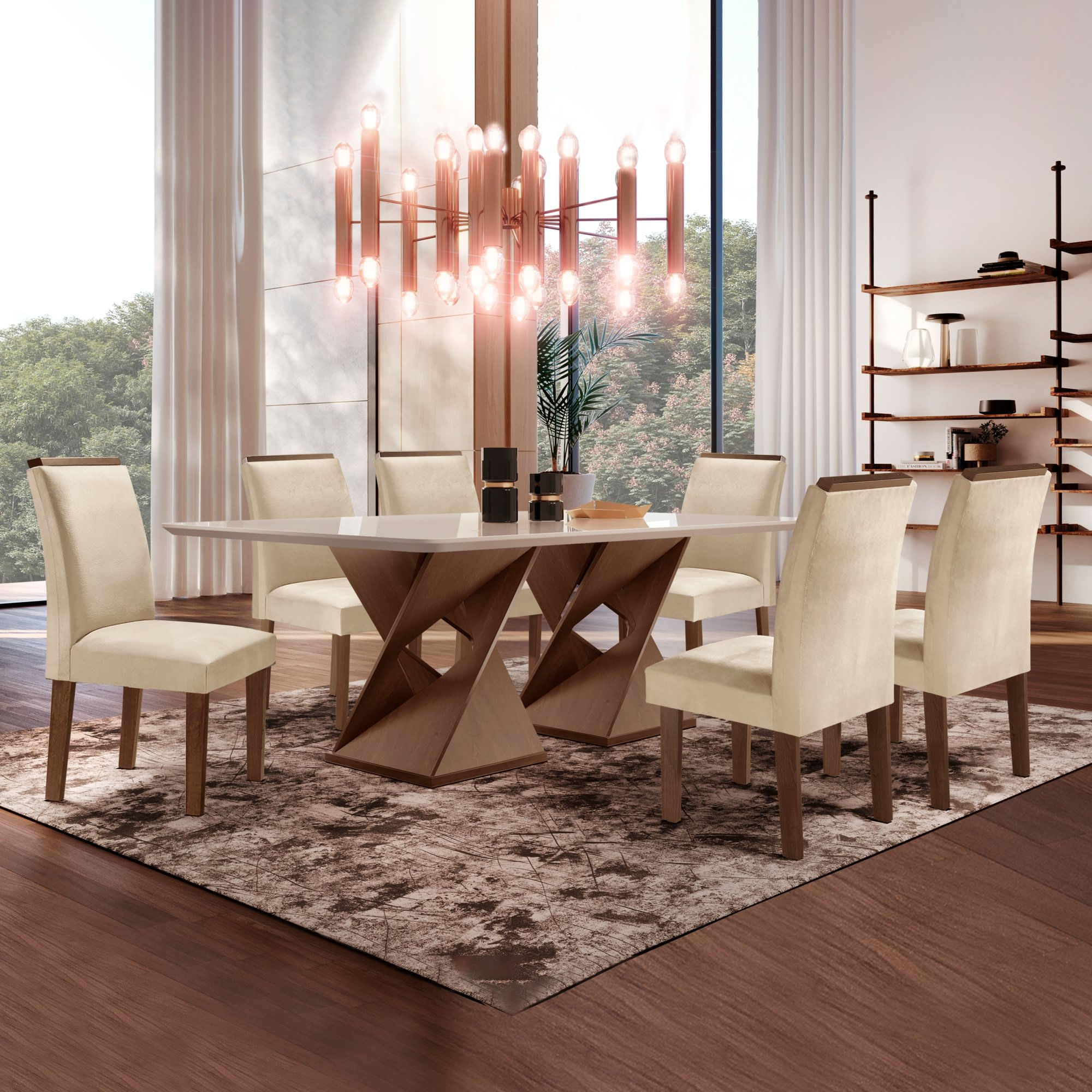 Conjunto Sala De Jantar Genova Tampo Vidro/mdf Com 6 Cadeiras Luísa Smart Plus Cel Móveis Chocolate/off White/bege