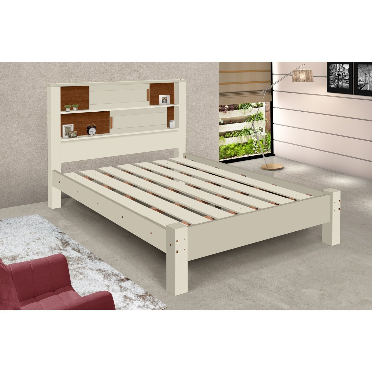 Cama Casal Cabeceira Com Nichos E Portas Veneza Carmolar Off White /canela