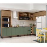 Cozinha Modulada Completa De Canto Mdf 9 Peças Lombardia Com Porta De Vidro - Cor Freijó Jade