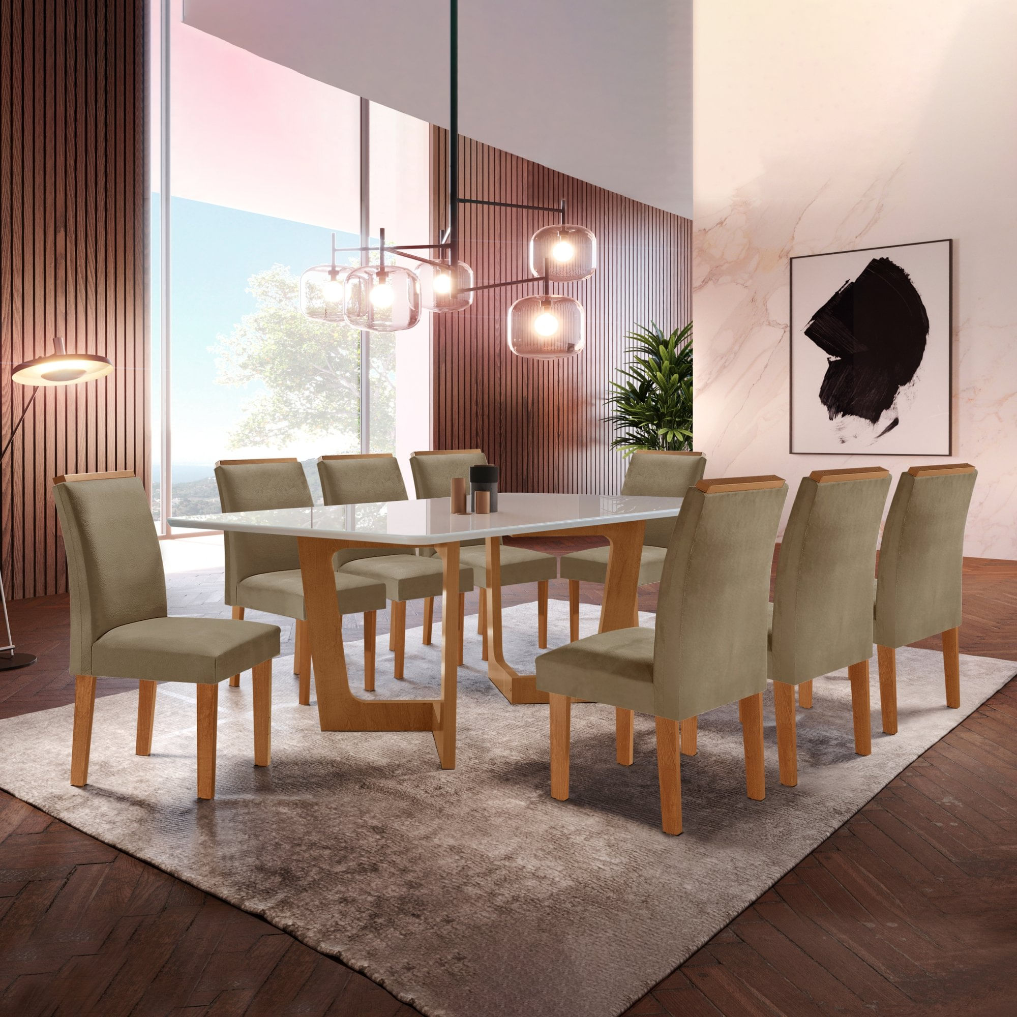 Conjunto Sala De Jantar Nápoles Tampo Vidro/mdf Com 8 Cadeiras Luísa Smart Plus Cel Móveis Cinamomo/off White/marrom Claro