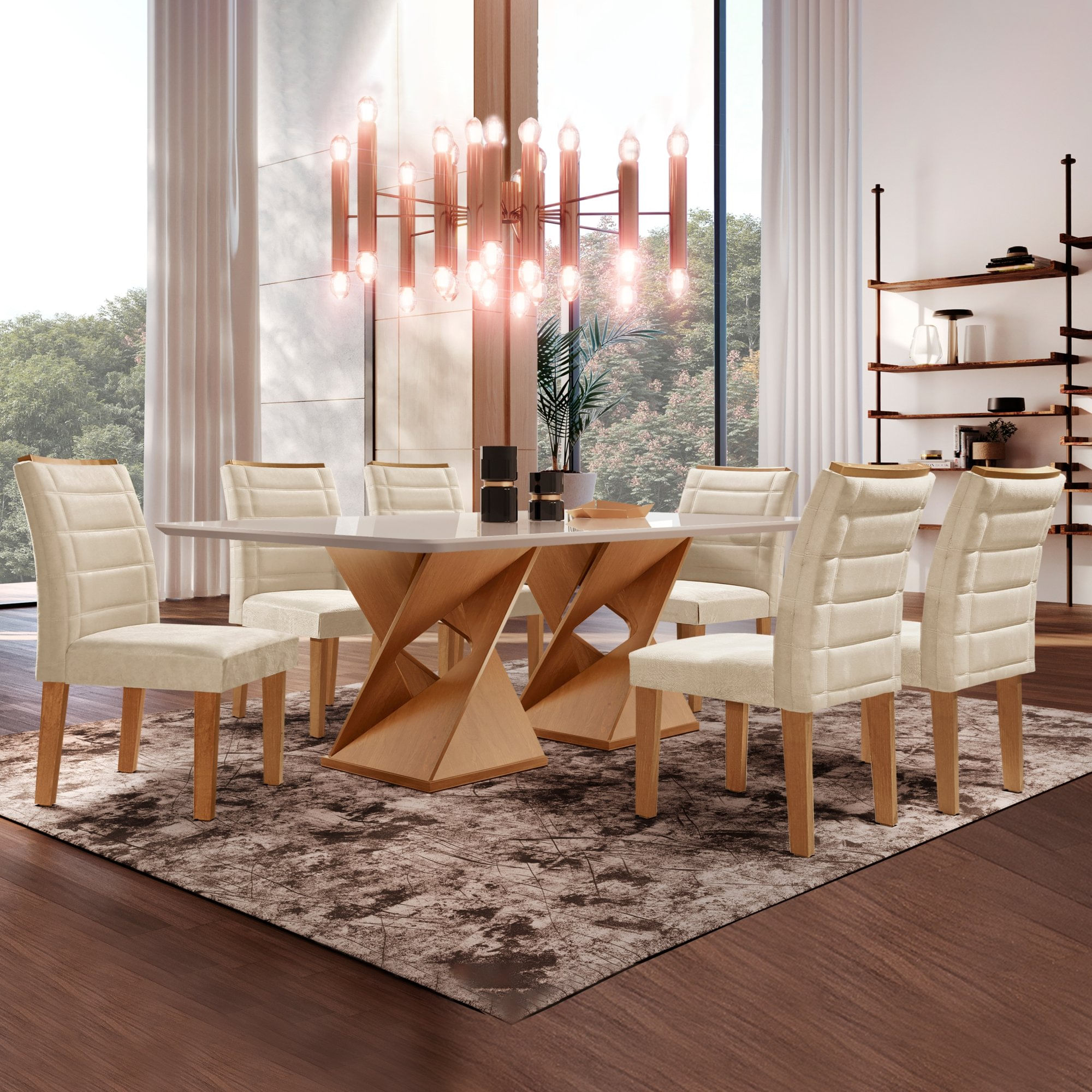 Conjunto Sala De Jantar Genova Tampo Vidro/mdf Com 6 Cadeiras Genova Smart Plus Cel Móveis Cinamomo/off White/bege