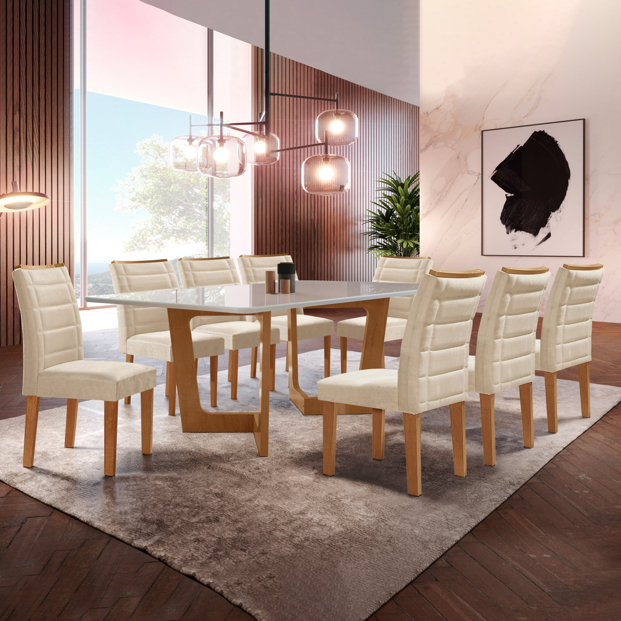 Conjunto Sala De Jantar Nápoles Tampo Vidro/mdf Com 8 Cadeiras Genova Smart Plus Cel Móveis Cinamomo/off White/bege