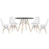 Mesa Redonda Eames 100 Cm Preto + 4 Cadeiras Estofadas Eiffel Botonê Branco Branco