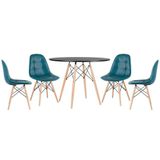 Mesa Redonda Eames 100 Cm Preto + 4 Cadeiras Estofadas Eiffel Botonê Turquesa Turquesa