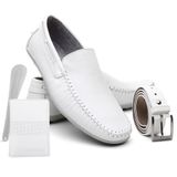 Mocassim Masculino Couro + Cinto + Carteira + Calçadeira Branco 44