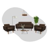 Conjunto Sofá Ravena 3 Lugares + 2 Poltronas Ravena Sued Marrom