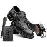 Sapato Masculino Couro Croco + Cinto + Carteira + Calçadeira Preto 39