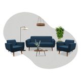 Conjunto Sofá Ravena 3 Lugares + 2 Poltronas Ravena Linho Azul Marinho