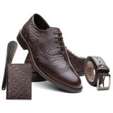 Sapato Masculino Couro Croco + Cinto + Carteira + Calçadeira Marrom Escuro 41