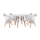 Mesa Sala De Jantarel Redonda Vidro 90cm Com 4 Poltronas Brancas Base Madeira Maciça