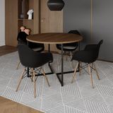 Mesa Jantar Industrial Amêndoa 110cm Redonda Base V Ferro Preto C/4 Poltronas Pretas Madeir Amendoa