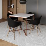 Mesa Industrial Jantar Branca Quadrada 90cm Base Cobre V Com 4 Poltronas Pretas Madeira Branco