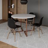 Mesa Jantar Industrial Redonda 110cm Branca Base V Cobre C/4 Cadeiras Preta Base Madeira Branco