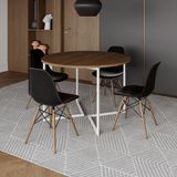 Mesa Jantar Industrial Redonda 110cm Amêndoa Base V Ferro Branco C/4 Cadeiras Preta Base Mad Amendoa