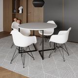 Mesa Industrial Jantar Redonda 110cm Branca Base V Com 4 Poltronas Brancas Ferro Preto Branco