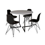 Mesa Industrial Jantar Redonda Branca 110cm Base V Com 4 Cadeiras Eames Pretas Ferro Preto Branco