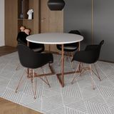 Mesa Industrial Jantar Branca 110cm Redonda Base V Com 4 Poltronas Pretas Base Cobre Branco