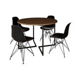 Mesa Industrial Jantar Redonda Amêndoa 110cm Base V Com 4 Cadeiras Eames Pretas Ferro Preto Amendoa