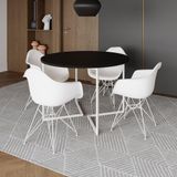 Mesa Industrial Jantar Redonda Preta 110cm Base V Com 4 Poltronas Daw Brancas Ferro Bra Preto