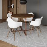 Mesa Jantar Industrial Amêndoa 110cm Redonda Base V Cobre C/4 Poltronas Brancas Madeira Amendoa
