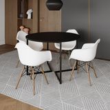 Mesa Jantar Industrial Preta 110cm Redonda Base V Ferro Preto C/4 Poltronas Brancas Madeira Preto