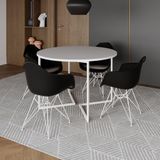 Mesa Industrial Jantar Redonda Branca 110cm Base V Com 4 Poltronas Daw Pretas Ferro Bra Branco
