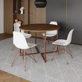 Mesa Industrial Jantar Redonda Amêndoa 110cm Base V Com 4 Cadeiras Eames Brancas Base Cobre Amendoa