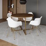Mesa Jantar Industrial Amêndoa 110cm Redonda Base V C/4 Poltronas Daw Brancas Base Do Cor: Amendoa