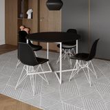 Mesa Industrial Jantar Redonda Preta 110cm Base V Com 4 Cadeiras Eames Pretas Ferro Branco Preto