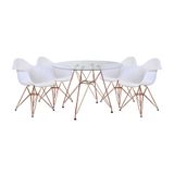 Conjunto Jantar Mesa Vidro Redonda 110cm Com 4 Poltronas Brancas Ferro Cobre Cor: Preto