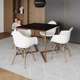 Mesa Industrial Jantar Preta Quadrada 90cm Base Cobre V Com 4 Poltronas Brancas Madeira Preto