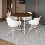 Mesa Industrial Jantar Redonda Amêndoa 110cm Base V Com 4 Poltronas Daw Brancas Ferro B Amendoa