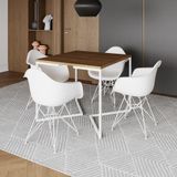 Mesa Jantar Industrial Quadrada Amêndoa 90cm Base V C/4 Poltronas Brancas Ferro Branc Cor: Amendoa